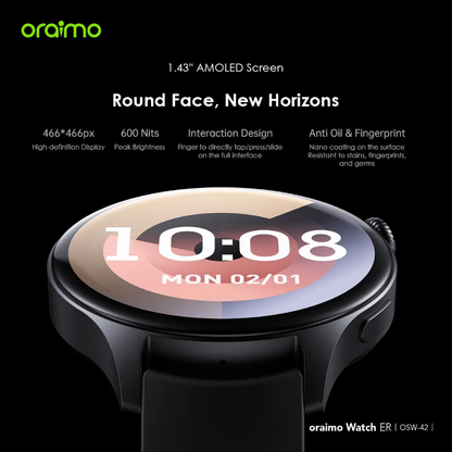 Montre connectée Oraimo ER OSW-42, écran AMOLED 1,43", étanche IP68 - Noir