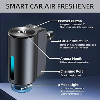 Diffuseur Voiture avec 50ml Parfum (Cologne), Sent Bon Diffuseur Électrique, On/Off Automatique, Atomiseur Ultrasonique, 3 Modes, Batterie Intégrée, Diffuseur d'Arômes pour Voiture Durée 5 Mois BJ-577