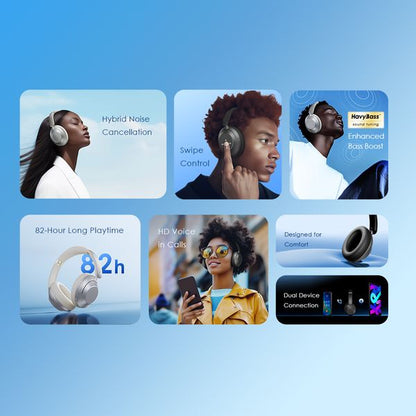 Casque audio sans fil Oraimo BoomPop Pro, 82 heures d'autonomie, hybride, ANC, supra-auriculaire, contrôle par glissement, OHP-917