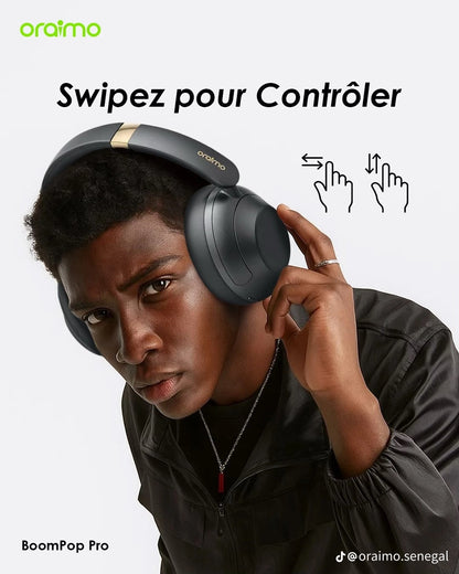 Casque audio sans fil Oraimo BoomPop Pro, 82 heures d'autonomie, hybride, ANC, supra-auriculaire, contrôle par glissement, OHP-917
