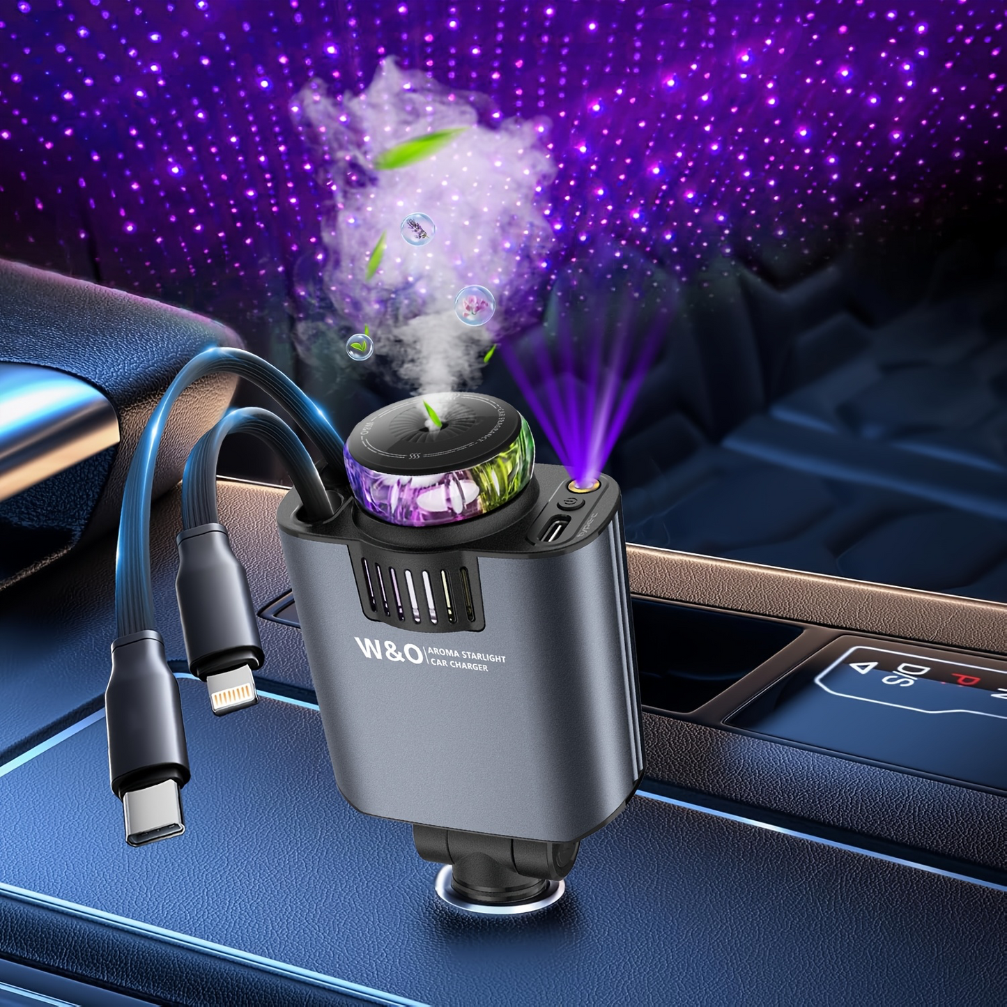 Chargeur voiture rétractable 5 en 1 avec aromathérapie et lumière des étoiles –