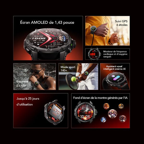 oraimo Watch GT Montre connectée GPS AMOLED 3ATM 1,43" avec deux bracelets interchangeables