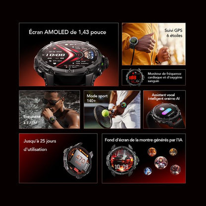 oraimo Watch GT Montre connectée GPS AMOLED 3ATM 1,43" avec deux bracelets interchangeables