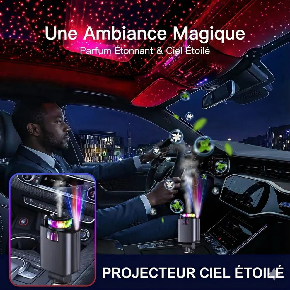 Chargeur voiture rétractable 5 en 1 avec aromathérapie et lumière des étoiles –
